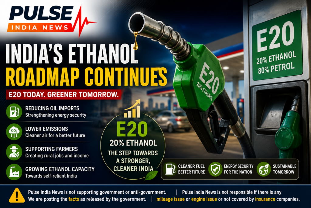 Pulse India News featured image showing an E20 petrol nozzle at a fuel station with highlights on India’s ethanol roadmap, reduced oil imports, lower emissions, farmer support and energy security.