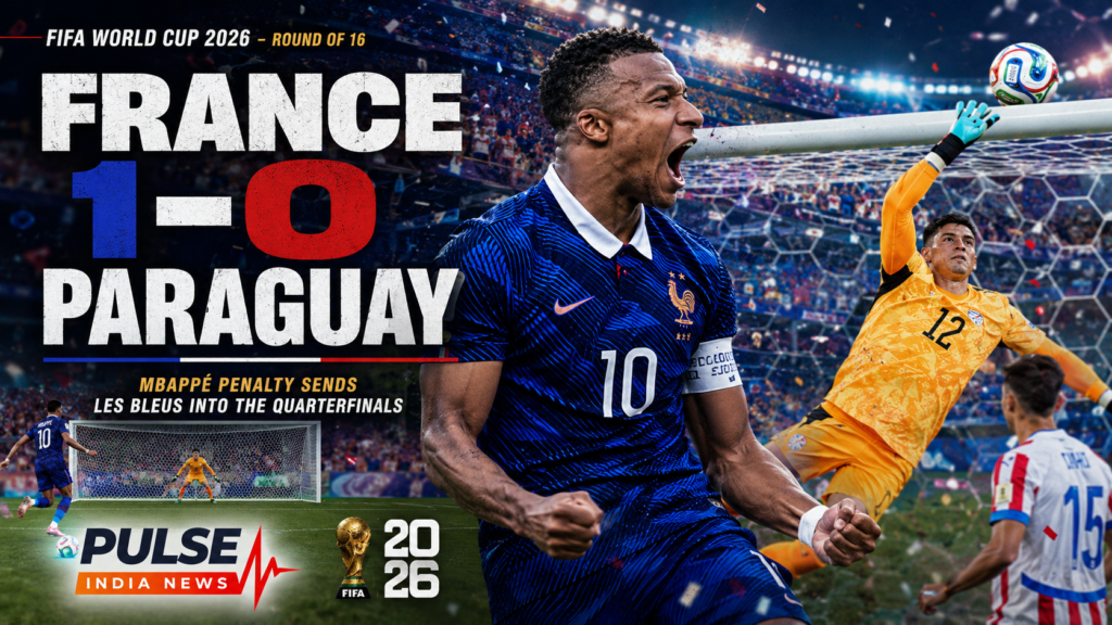 France Beat Paraguay 1-0 as Kylian Mbappé Penalty Sets Up Morocco World Cup Quarterfinal France 1-0 Paraguay FIFA World Cup 2026 Round of 16 cinematic featured image highlighting Kylian Mbappé’s decisive penalty and Orlando Gill’s saves.