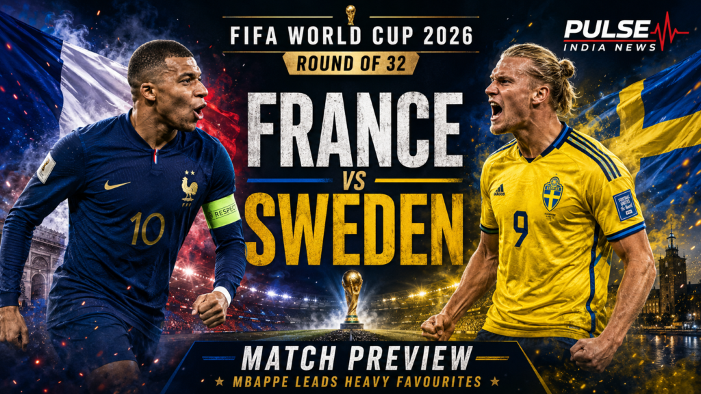 France vs Sweden Preview: Mbappé Leads Heavy Favourites Into World Cup Knockout Clash Cinematic featured image showing France vs Sweden in the FIFA World Cup 2026 Round of 32, with a France player in navy facing a Sweden player in yellow under stadium lights.