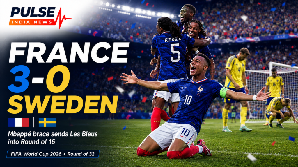 France vs Sweden Review: Mbappé Brace Powers Les Bleus Into World Cup 2026 Round of 16 Cinematic featured image showing France players celebrating a 3-0 win over Sweden in the FIFA World Cup 2026 Round of 32, with Kylian Mbappé highlighted after his brace.