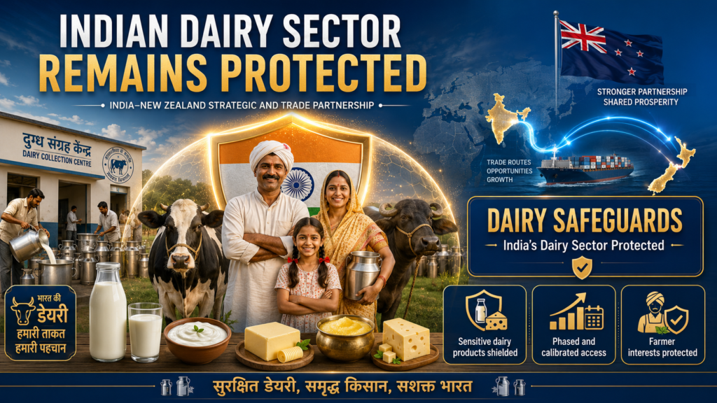 India, New Zealand Elevate Ties to Strategic Partnership as Modi–Luxon Summit Sets Ambitious 2030 Agenda Indian dairy farmer family with cows, buffaloes, milk cans and dairy products protected by a glowing shield, alongside India–New Zealand trade graphics and dairy safeguard icons.