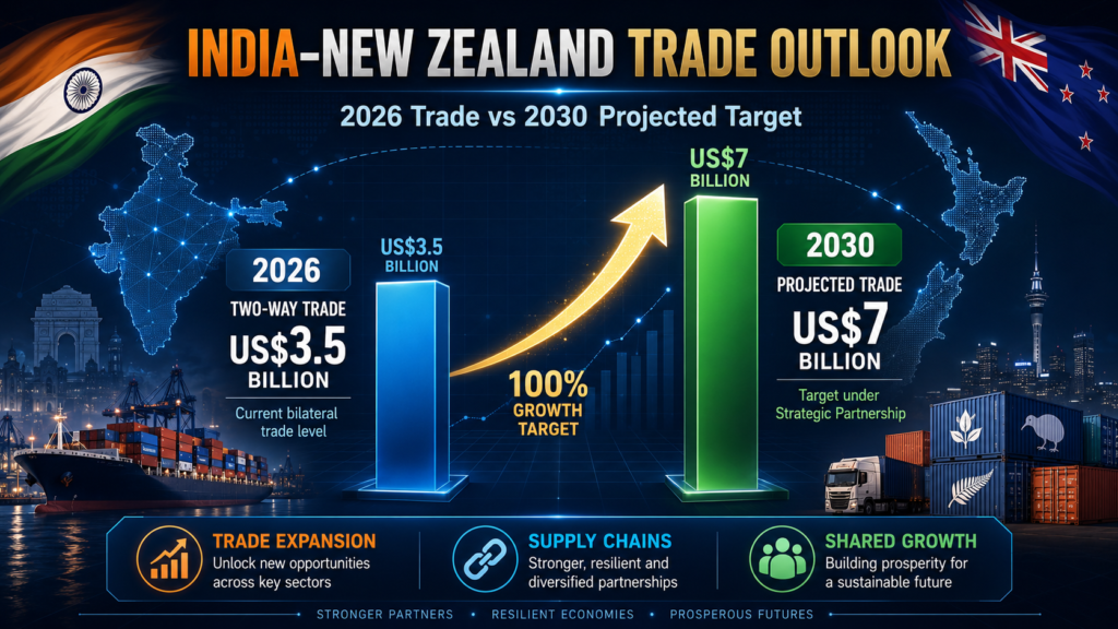 India, New Zealand Elevate Ties to Strategic Partnership as Modi–Luxon Summit Sets Ambitious 2030 Agenda Graphical comparison of India–New Zealand two-way trade rising from US$3.5 billion in 2026 to a projected US$7 billion by 2030, with maps, cargo ships, containers and an upward growth arrow.
