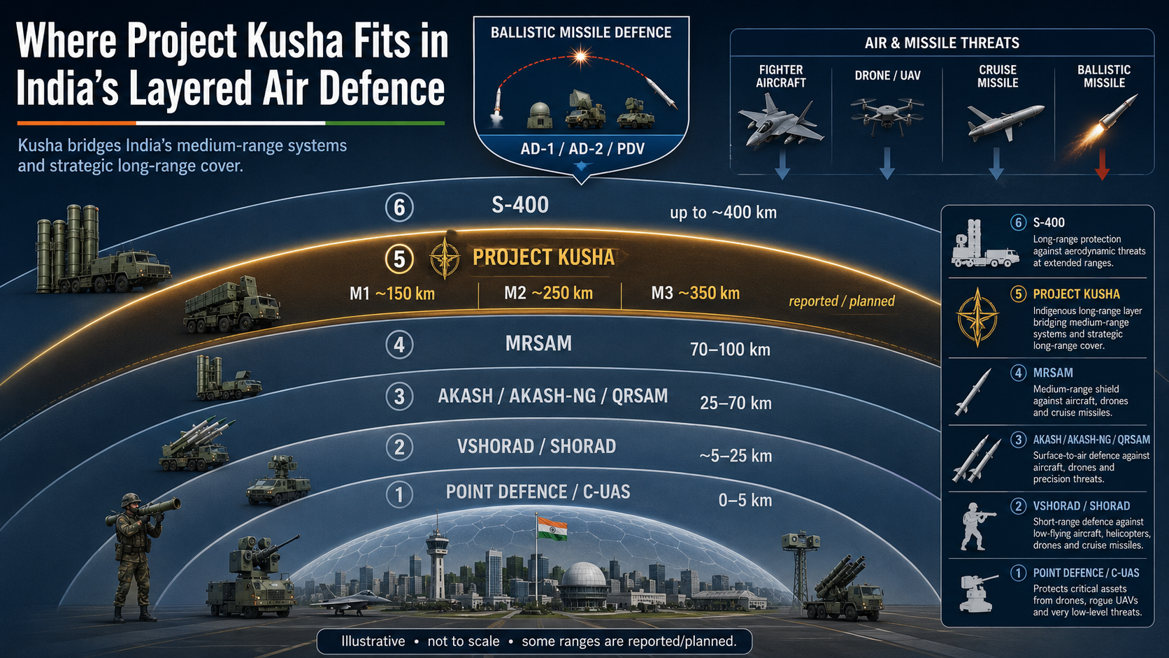 Infographic showing Project Kusha within India’s layered air-defence network