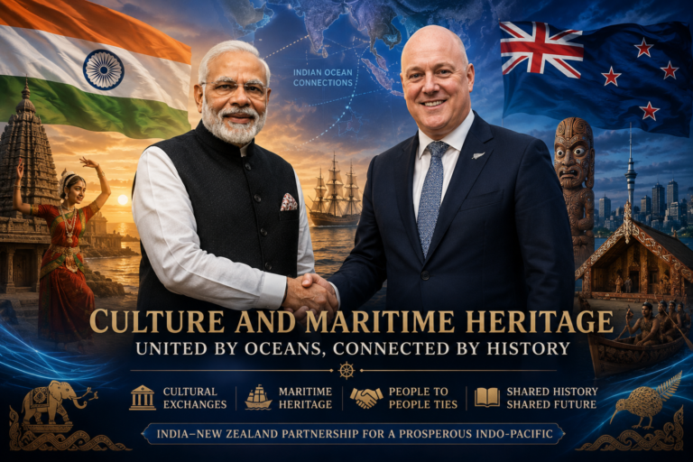 Prime Minister Narendra Modi and New Zealand Prime Minister Christopher Luxon shake hands beneath the Indian and New Zealand flags, surrounded by cultural, maritime and Indo-Pacific imagery.