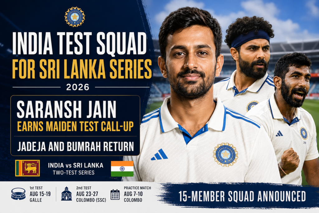 India Test squad for the Sri Lanka series featuring Saransh Jain, Ravindra Jadeja and Jasprit Bumrah