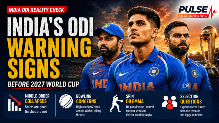India ODI warning signs ahead of the 2027 World Cup, highlighting middle-order collapses, bowling concerns, spin issues and selection questions.