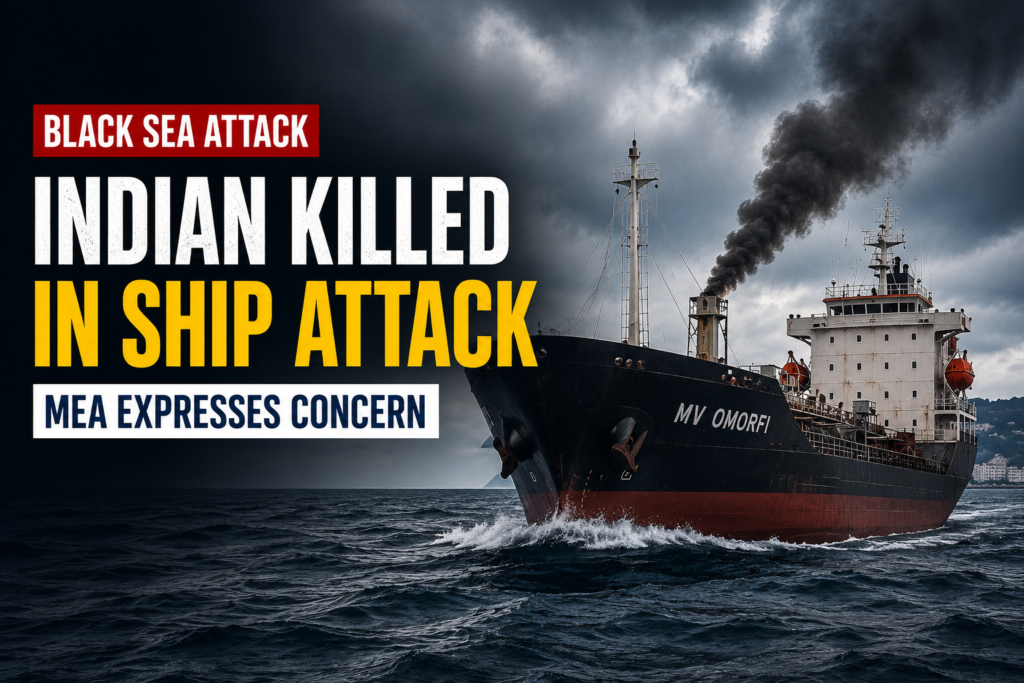 Commercial vessel MV OMORFI sails through rough waters under dark skies, with smoke rising as a headline reports an Indian national killed in a Black Sea ship attack.