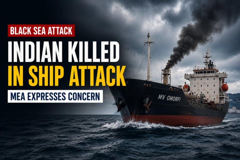 Commercial vessel MV OMORFI sails through rough waters under dark skies, with smoke rising as a headline reports an Indian national killed in a Black Sea ship attack.