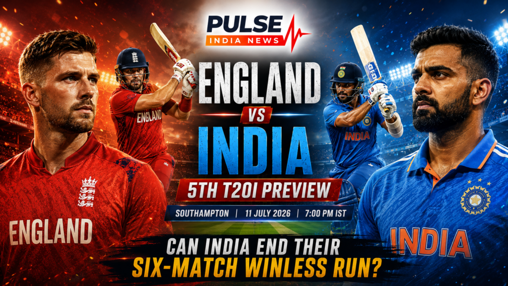Cinematic England vs India 5th T20I preview graphic featuring England and India cricketers, Southampton match details and Pulse India News branding.