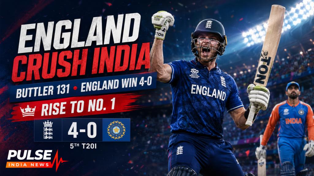 England vs India 5th T20I Review: Buttler 131 Powers England to 4-0 Series Win and No. 1 Ranking England batter celebrates after scoring 131 as England beat India 4-0 in the T20I series and rise to No. 1 in the ICC rankings.