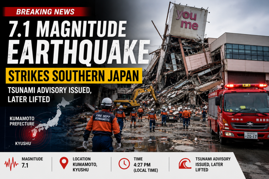Rescue teams respond to earthquake damage in Kumamoto after a 7.1-magnitude quake struck southern Japan