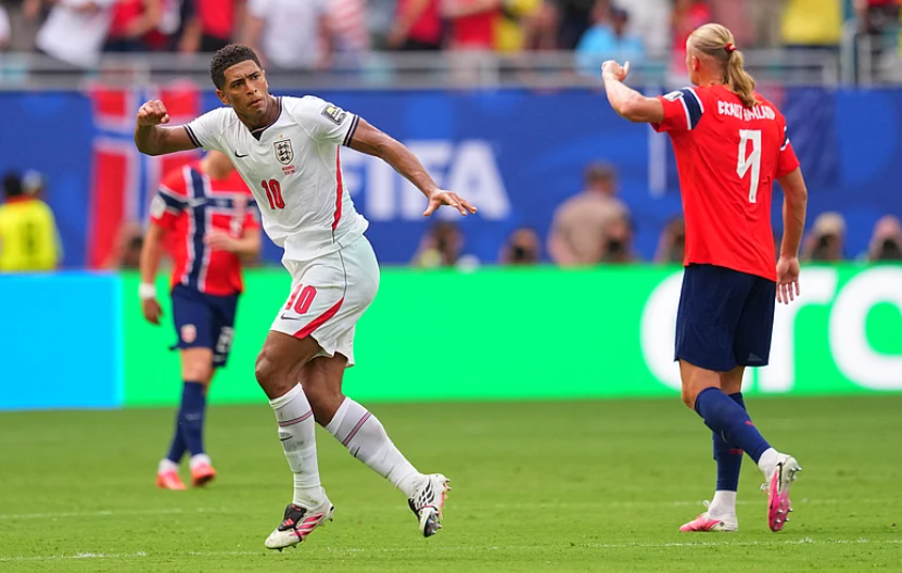 England midfielder Jude Bellingham celebrates after scoring against Norway in the FIFA World Cup 2026 quarterfinal