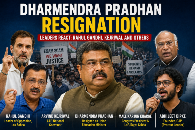 Dharmendra Pradhan at the centre with Rahul Gandhi, Arvind Kejriwal, Mallikarjun Kharge and Abhijeet Dipke as leaders react to his resignation amid student exam protests.