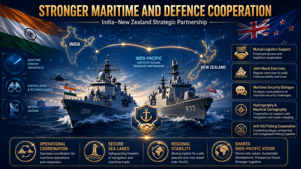 India, New Zealand Elevate Ties to Strategic Partnership as Modi–Luxon Summit Sets Ambitious 2030 Agenda ndian and New Zealand naval ships sail together beneath national flags and an Indo-Pacific map, highlighting logistics support, joint exercises, maritime dialogue, hydrography and anti-IUU fishing cooperation.