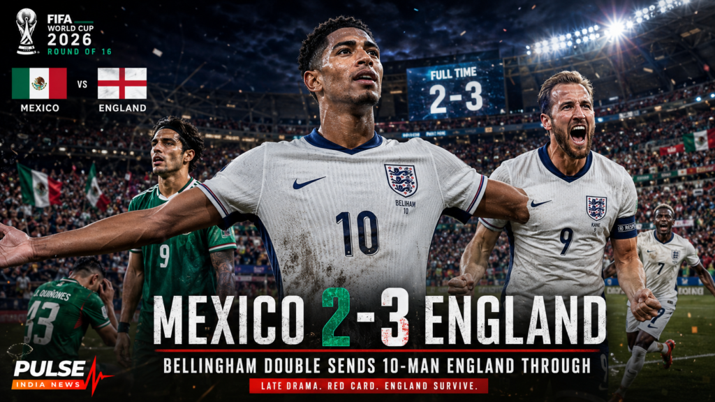 Mexico vs England Review: Bellingham Double, Kane Penalty Send 10-Man England Past El Tri Mexico 2-3 England FIFA World Cup 2026 Round of 16 featured image with Jude Bellingham and Harry Kane celebrating England's victory