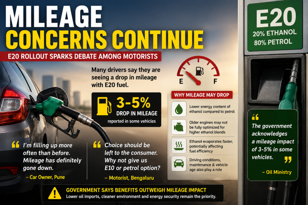 E20 petrol mileage concerns infographic showing a car refuelling, a 3–5% mileage drop, reasons for reduced fuel efficiency and motorists demanding E10 or pure petrol options.