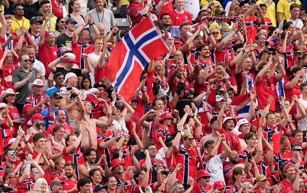 Norway supporters celebrate after defeating Brazil in the FIFA World Cup 2026 Round of 16