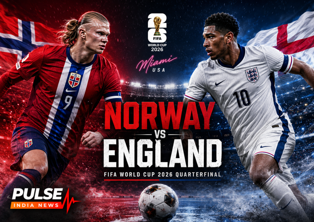 Norway vs England Preview: Playing XI, Formation, Team Review and Prediction Norway vs England FIFA World Cup 2026 quarterfinal cinematic graphic featuring Erling Haaland and Jude Bellingham in a floodlit Miami stadium with the Pulse India News logo.