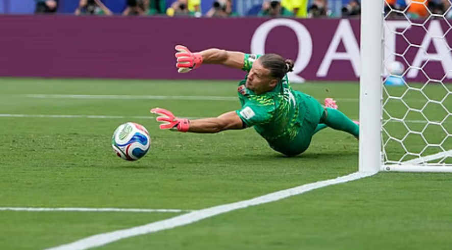 Norway goalkeeper Ørjan Nyland saves a penalty against Brazil during the FIFA World Cup 2026 Round of 16