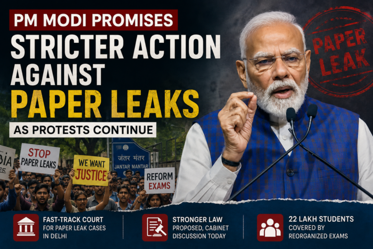 PM Narendra Modi promises stricter action against examination paper leaks as student protests continue