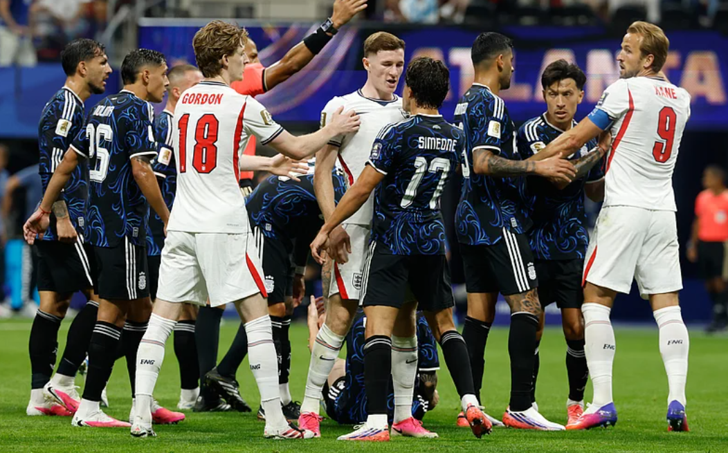 Argentina and England players confront one another during the FIFA World Cup 2026 semifinal