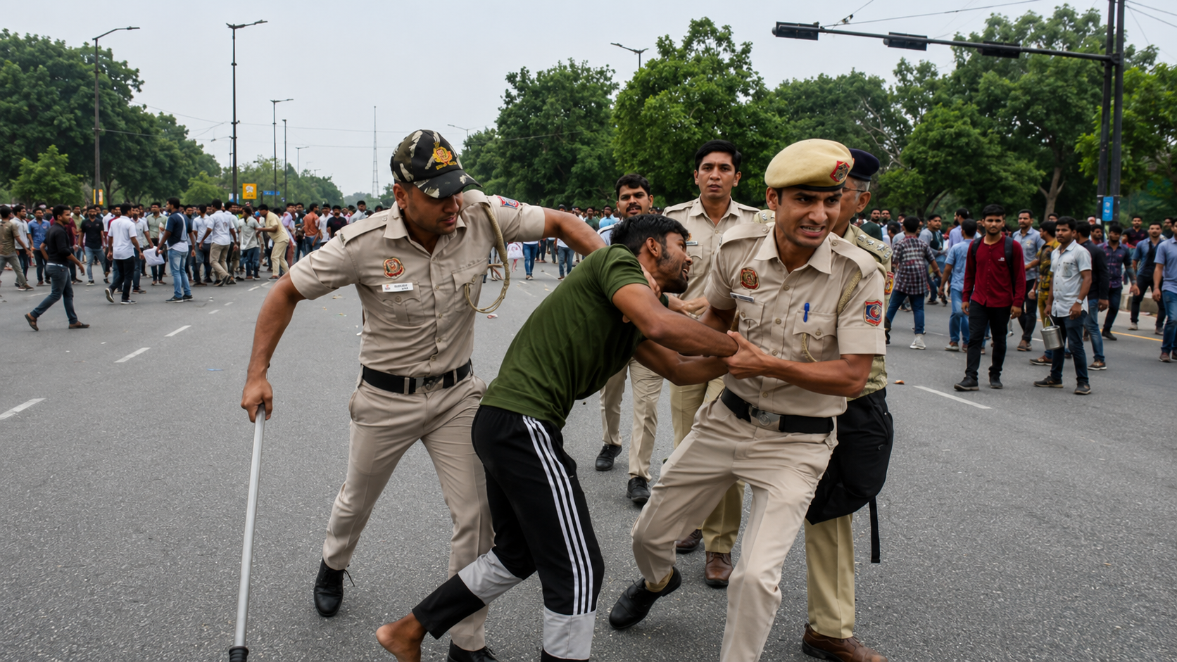 Police personnel detain a student during a protest over alleged NEET examination irregularities in New Delhi.