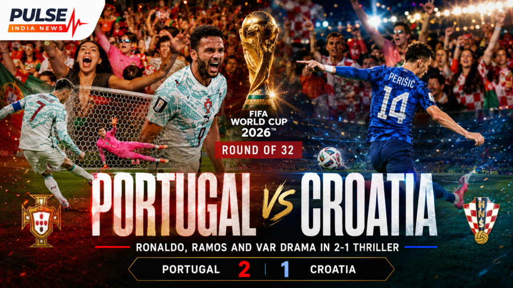 Portugal vs Croatia Review: Ronaldo Penalty, Ramos Winner and VAR Drama Seal 2-1 World Cup Thriller Cinematic Portugal vs Croatia FIFA World Cup 2026 featured image showing Ronaldo, Gonçalo Ramos, Ivan Perišić, fans, trophy and 2-1 scoreline.