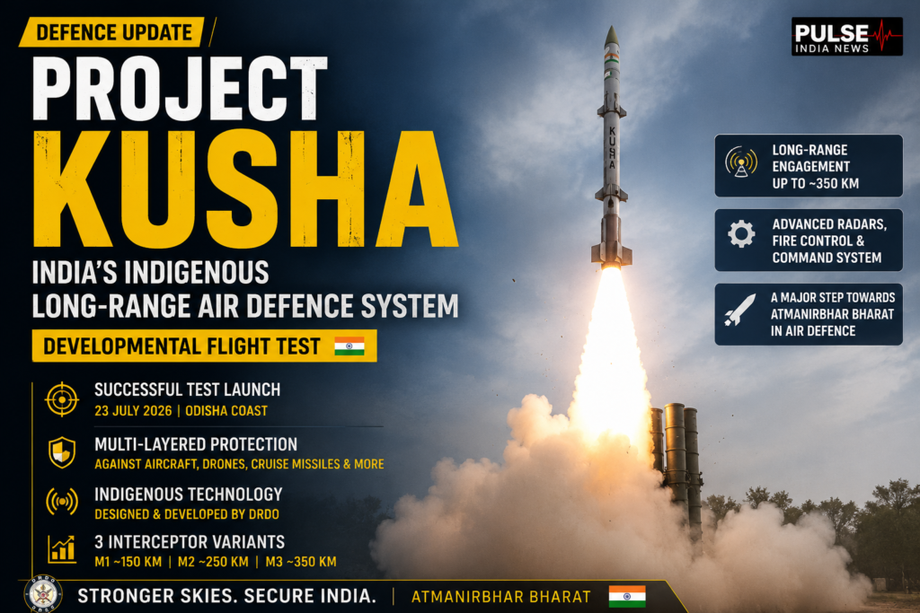 Featured image showing a Project Kusha missile launch with key details about its reported range, interceptor variants, radar network and role in India’s indigenous long-range air-defence programme.