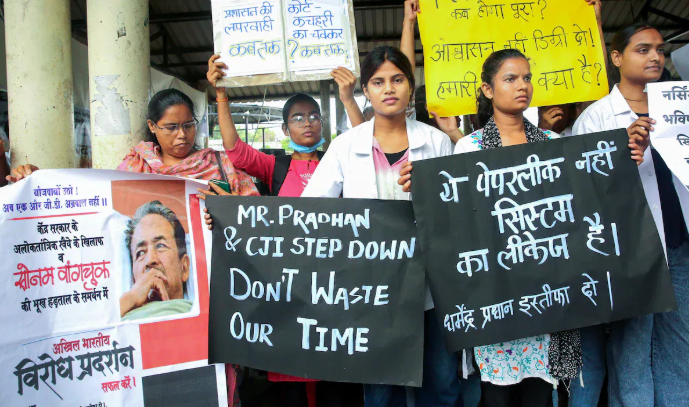MBBS students in Bhopal holding placards during a protest against alleged irregularities in the NEET examination