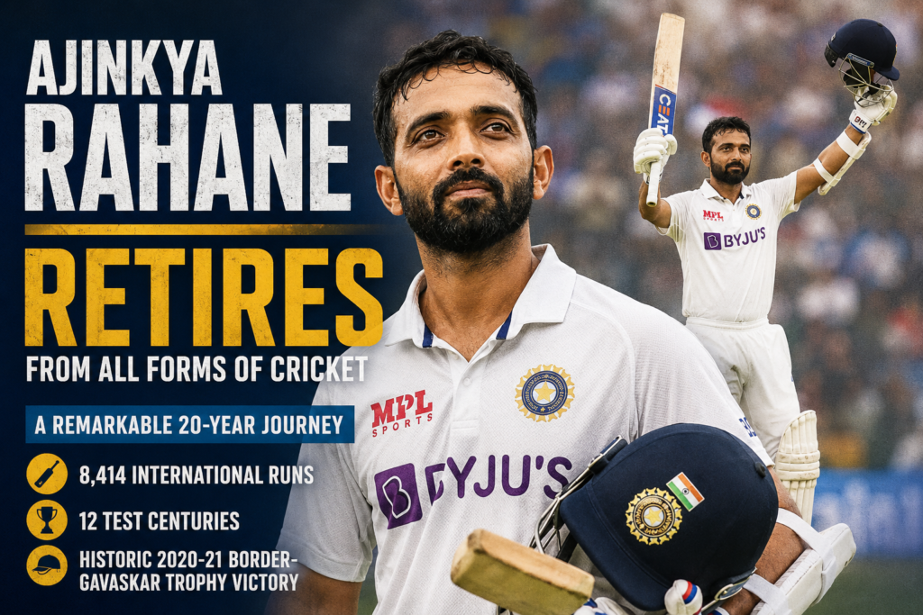 Ajinkya Rahane Retires From All Forms of Cricket, Ends Remarkable 20-Year Career Ajinkya Rahane retirement graphic highlighting his 20-year cricket career, 8,414 international runs, 12 Test centuries and historic Australia series triumph.