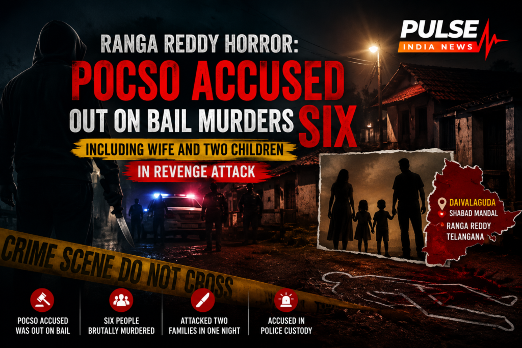 Cinematic crime-news graphic showing a knife-wielding silhouette, police lights and a Telangana village after a POCSO accused allegedly murdered six people, including his wife and two children, in Daivalaguda.