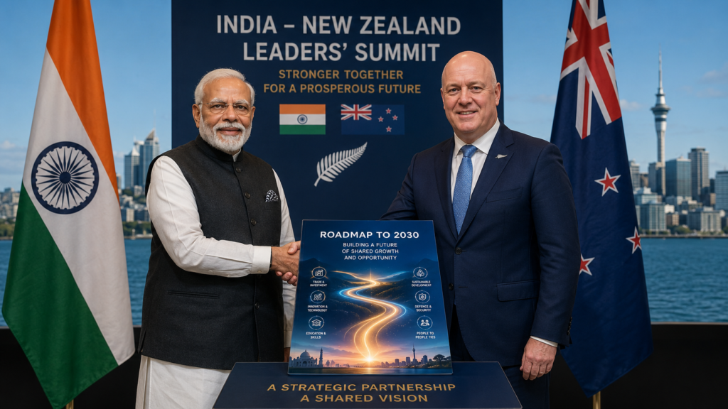 India, New Zealand Elevate Ties to Strategic Partnership as Modi–Luxon Summit Sets Ambitious 2030 Agenda Narendra Modi and Christopher Luxon shake hands beside the India and New Zealand flags while presenting the Roadmap to 2030 strategic partnership document in Auckland.