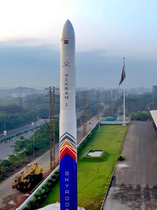 Skyroot Aerospace's Vikram-1, India's first private orbital rocket, standing vertically ahead of Mission Aagaman.