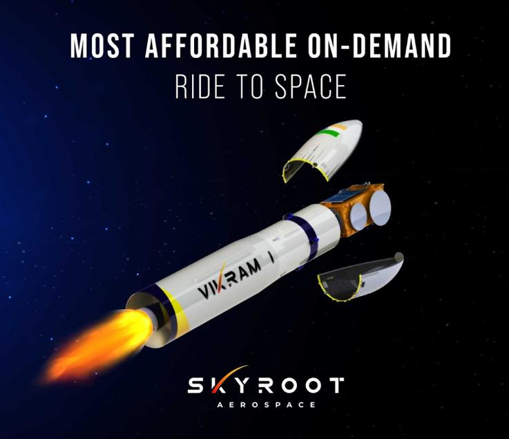 Illustration of Skyroot Aerospace's Vikram rocket demonstrating payload fairing separation during an orbital mission.