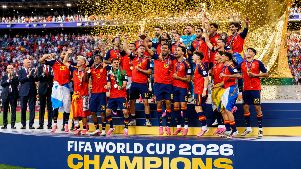 Spain players celebrate with the trophy and gold confetti after winning the FIFA World Cup 2026 final against Argentina.