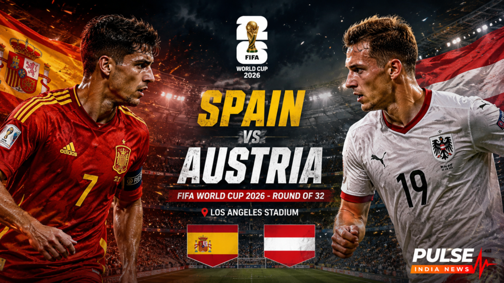 Spain vs Austria Preview: Rodri and Lamine Yamal Lead La Roja Into World Cup Knockout Test Cinematic featured image for Spain vs Austria FIFA World Cup 2026 Round of 32 showing players from both teams facing off at Los Angeles Stadium.