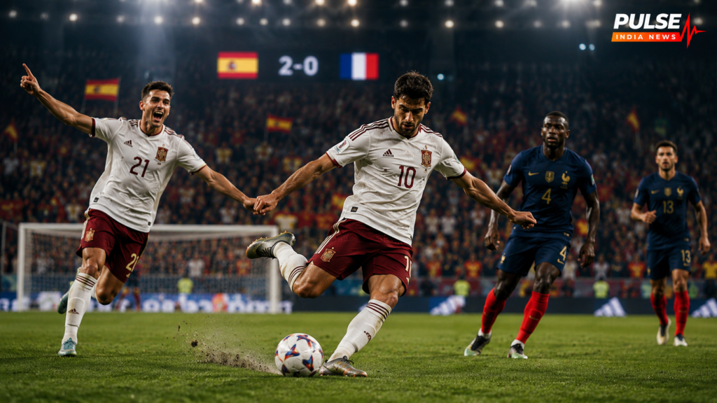 Spain players celebrate a 2-0 victory over France in a cinematic FIFA World Cup 2026 semifinal scene.