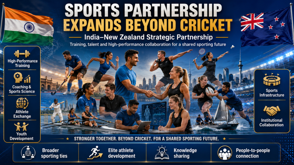 India, New Zealand Elevate Ties to Strategic Partnership as Modi–Luxon Summit Sets Ambitious 2030 Agenda Indian and New Zealand athletes participate in hockey, athletics, rugby, badminton, rowing, sailing and sports-science training beneath both national flags.