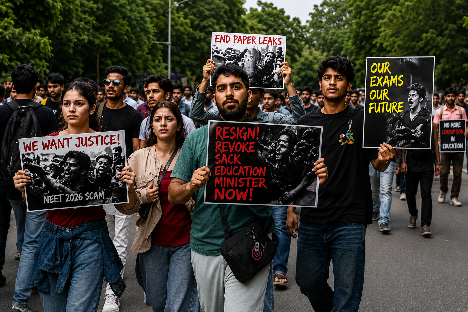 Students march during a protest against alleged NEET paper leaks while holding placards demanding justice and accountability.