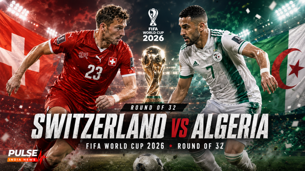 Switzerland vs Algeria Preview: Xhaka’s Swiss Structure Faces Mahrez’s Counter-Attack Threat Cinematic featured image for Switzerland vs Algeria FIFA World Cup 2026 Round of 32 showing a Swiss player and an Algerian player facing off under stadium lights.