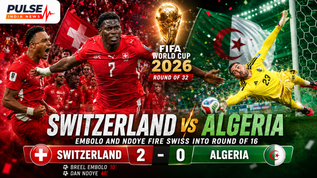 Cinematic Switzerland vs Algeria FIFA World Cup 2026 featured image showing Breel Embolo, Dan Ndoye, Luca Zidane, Swiss fans, trophy and 2-0 scoreline.