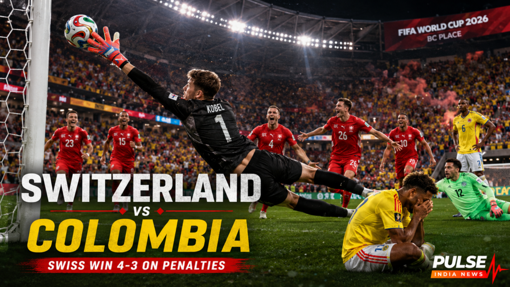 Switzerland vs Colombia Review: Kobel Heroics Seal Historic Penalty Shootout Win – FIFA World Cup 2026 Switzerland goalkeeper Gregor Kobel makes a dramatic save as Swiss players celebrate their penalty shootout victory over Colombia in the FIFA World Cup 2026 Round of 16