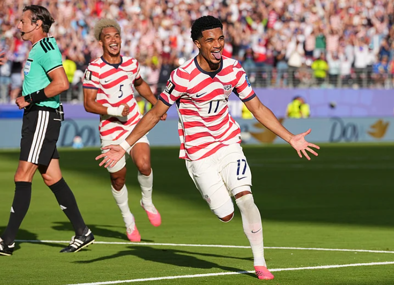United States midfielder Malik Tillman celebrates after scoring a free kick against Bosnia in the FIFA World Cup 2026 Round of 32