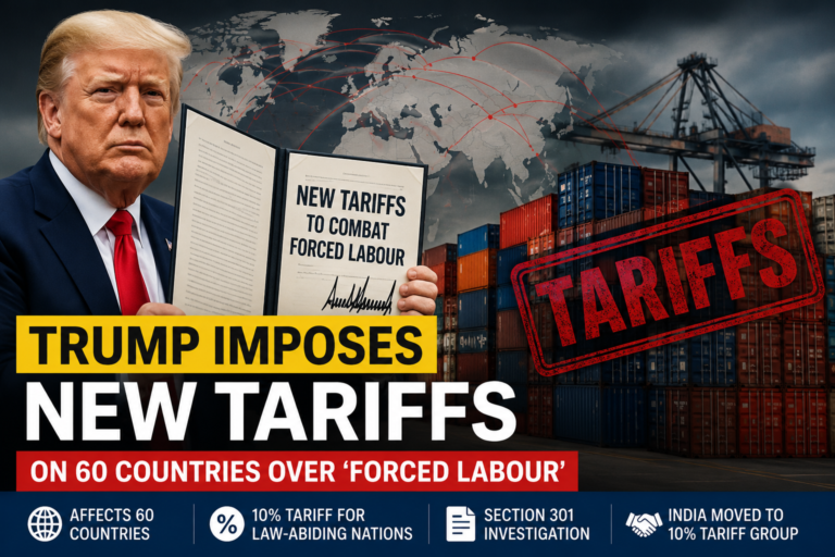 Donald Trump announces new forced-labour tariffs on 60 countries, with shipping containers, a global trade map and tariff graphics in the background.