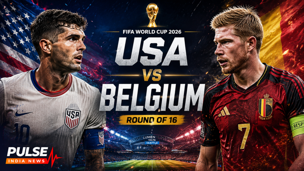 USA vs Belgium FIFA World Cup 2026 Round of 16 cinematic featured image with Christian Pulisic and Kevin De Bruyne