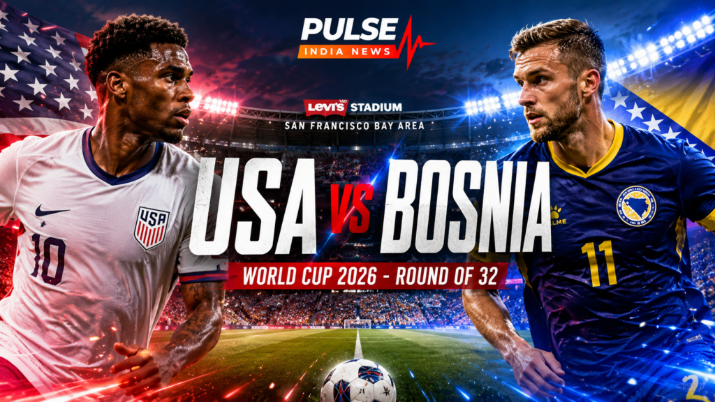USA vs Bosnia Preview: Pulisic Returns as USMNT Face World Cup Knockout Test Cinematic featured image for USA vs Bosnia and Herzegovina FIFA World Cup 2026 Round of 32 showing players from both teams facing off at Levi’s Stadium.