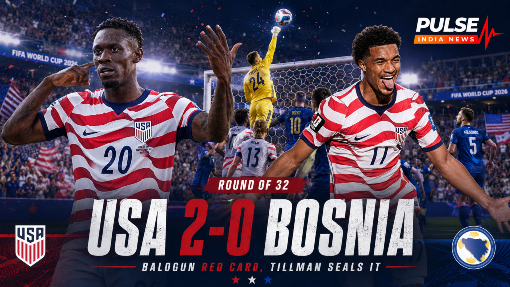 Cinematic featured image showing Folarin Balogun, Malik Tillman and Matt Freese as the United States beat Bosnia 2-0 in the FIFA World Cup 2026 Round of 32.