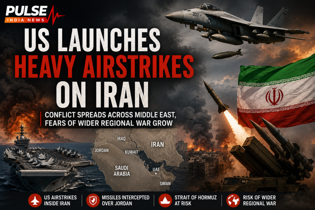 US Launches Heavy Airstrikes on Iran After Missile Attacks, Raising Fears of Wider Middle East War Featured graphic showing US airstrikes on Iran, fighter aircraft, missiles, an aircraft carrier, the Iranian flag and a Middle East map