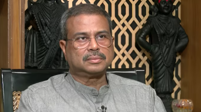 Dharmendra Pradhan seated during an interview after resigning as Union Education Minister.