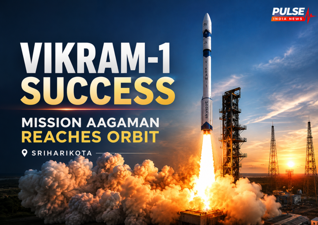 Vikram-1 rocket lifting off from Sriharikota during Skyroot Aerospace’s successful Mission Aagaman orbital flight.